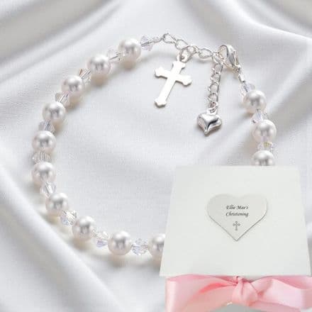 Christening Bracelet with Cross, Heart and Engraved Gift Box