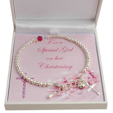Christening Bracelet with Silver Beads, Cross and Birthstone