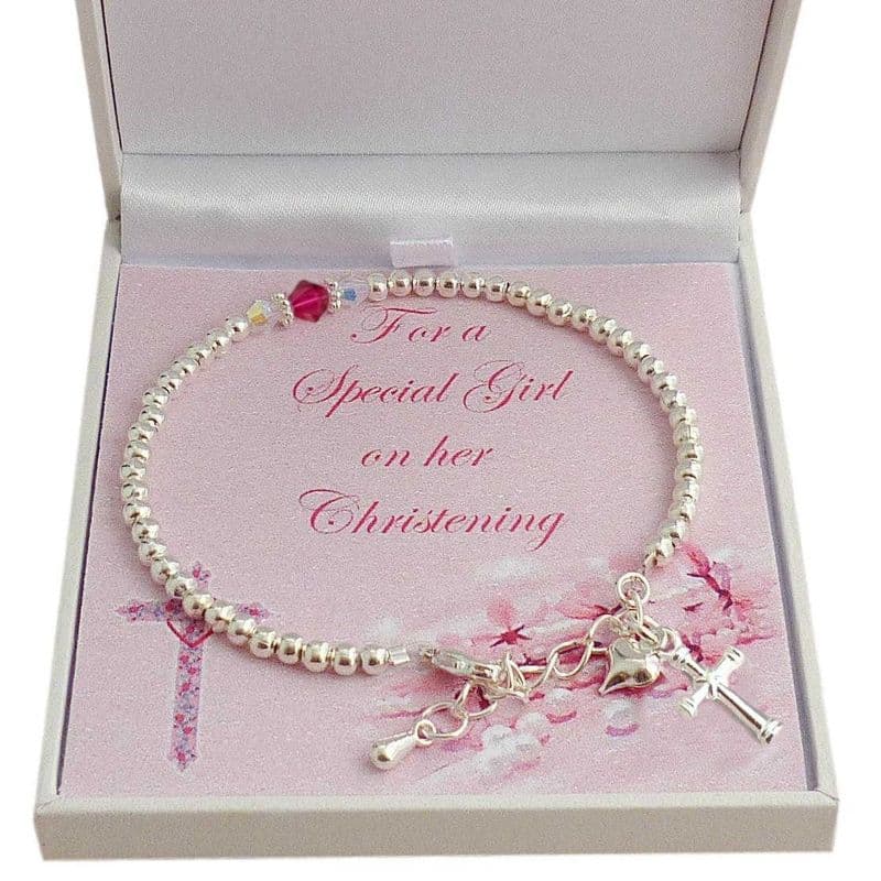 Christening Bracelet with Silver Beads, Cross and Birthstone | Jewels 4 Girls