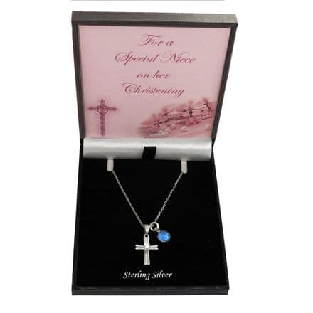 Christening Day Gift, Birthstone & Cross Necklace. 925 Sterling Silver