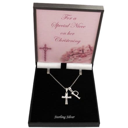 Christening Day Gift, Cross and Letter Charm Necklace. 925 Sterling Silver
