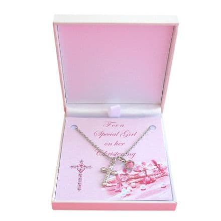 Christening Gift, Birthstone & Cross Necklace in Gift Box