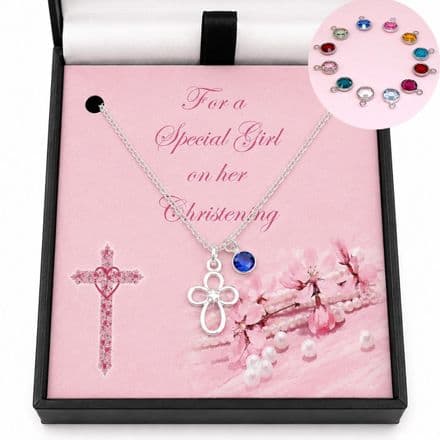 Christening Gift for a Girl, Birthstone & Cross Necklace