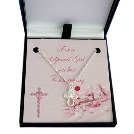 Christening Gift for a Girl, Birthstone & Cross Necklace