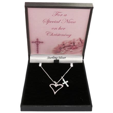 Christening Gift for Girls, Sterling Silver Cross and Heart Necklace