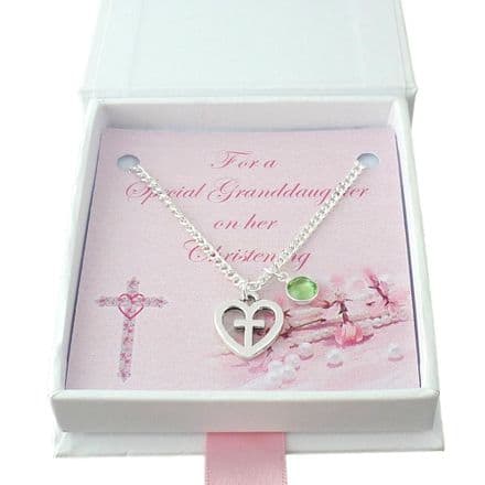 Christening Necklace for a Girl. Cross in Heart Pendant with Birthstone Crystal. Gift Boxed.