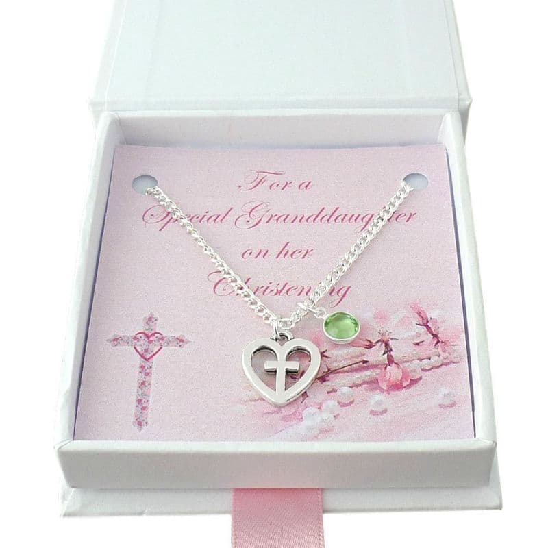 Christening Necklace for a Girl. Cross in Heart Pendant with Birthstone Crystal. Gift Boxed.| Jewels 4 Girls