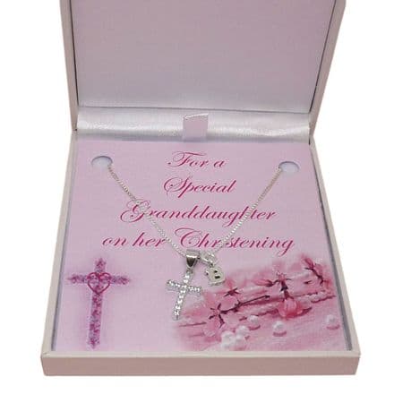 Christening Necklace, Sterling Silver, Cross & Tiny Letter, Gift Boxed For Girls