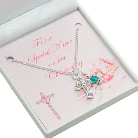 Christening Necklace with Cross, Birthstone & Card