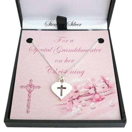 Christening Necklace with Cross in Heart Pendant, Sterling Silver