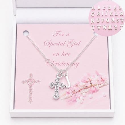 Christening Necklace with Cross, Letter Pendant & Card