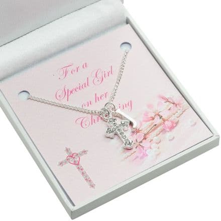 Christening Necklace with Cross, Letter Pendant & Card