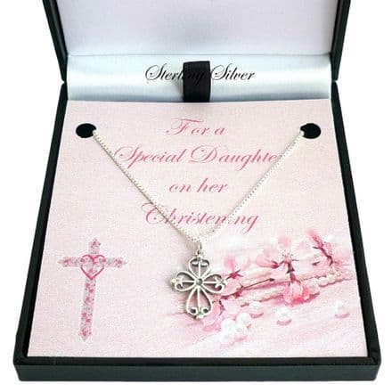 Christening Necklace with Ornate Cross, Sterling Silver