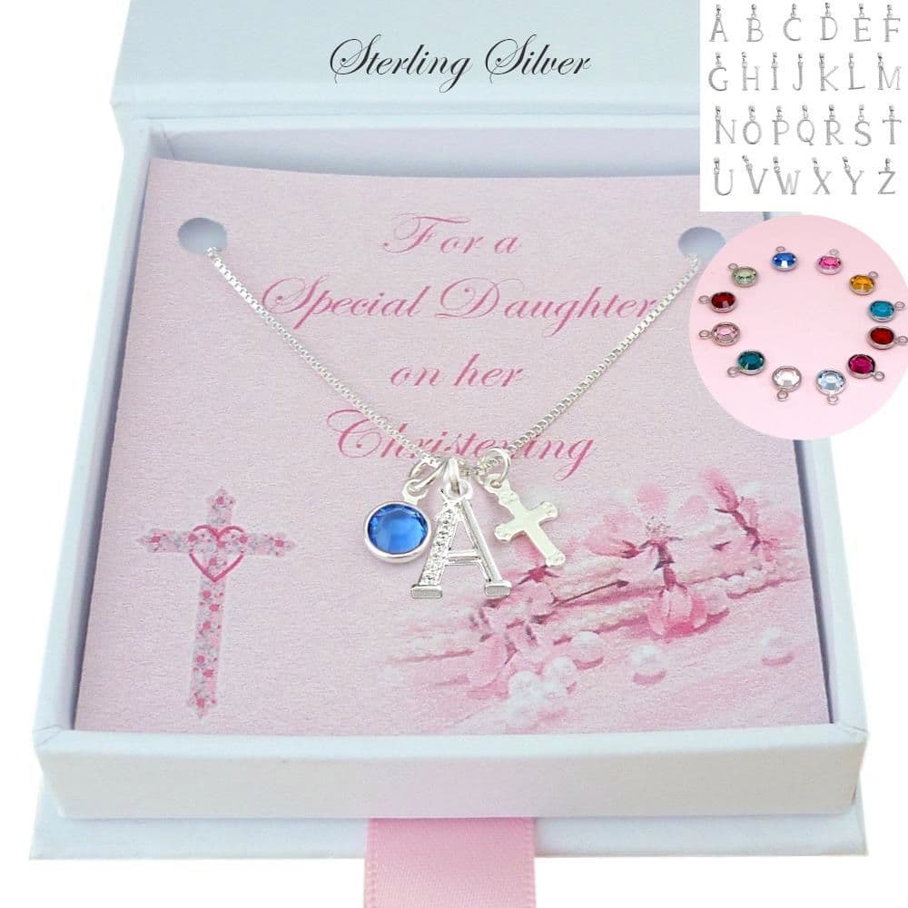Christening Necklace with Silver Cross, Letter and Birthstone Jewels 4 Girls