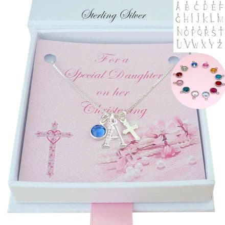 Christening Necklace with Silver Cross, Letter and Birthstone