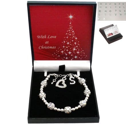 Christmas Bracelet with Letter Charm and Sparkly Silver Beads, Sizes for Women & Girls