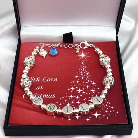 Christmas Name Bracelet for Girls. Made with Any Name and Birthstone
