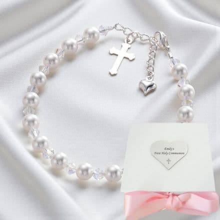 Communion Day Bracelet with Cross, Heart and Engraved Gift Box