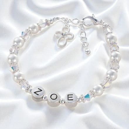 Communion Or Baptism Name Bracelet with Pearls & Crystals