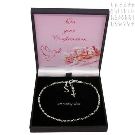 Confirmation Gift, Sterling Silver Bracelet with Cross Charm & Letter