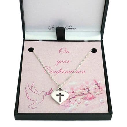 Confirmation Necklace with Cross in Heart, Sterling Silver