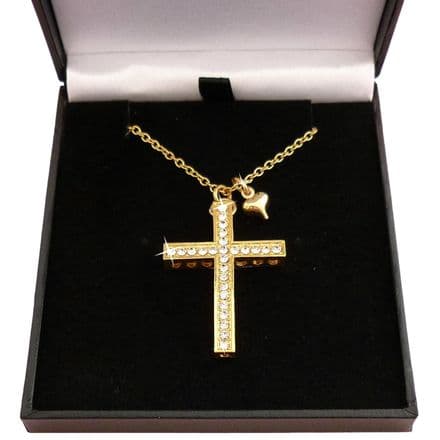 Cross and Heart Necklace with Crystal Rhinestones, 18k Gold Plated , Women or Girl