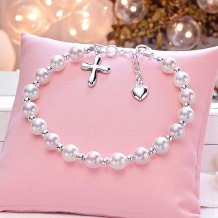 Cross Heart Pearl Bracelet for First Holy Communion