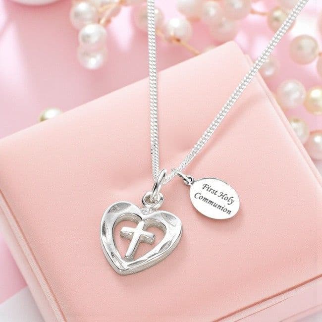 Cross in Heart Communion Necklace can be personalised | Jewels 4 Girls