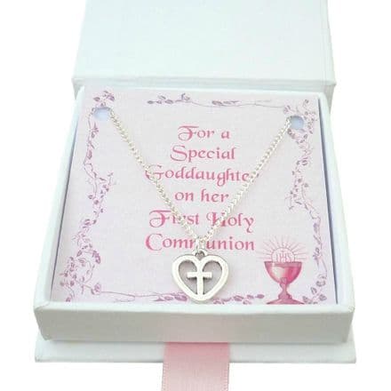 Cross in Heart Necklace for Girls First Holy Communion