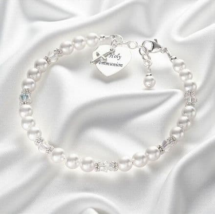 Cross over heart engraved First Communion Bracelet