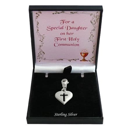 Cut Out Cross in a Heart Charm on Lobster Clasp.