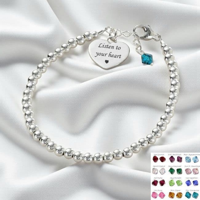 Dainty Silver Bead Bracelet with Birthstone & Engraving | Jewels 4 Girls