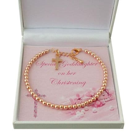 Delicate Christening Bracelet in Rose Gold with Cross Charm