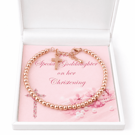 Delicate Christening Bracelet in Rose Gold with Cross Charm