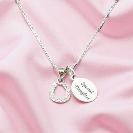 Delicate Horseshoe Necklace with Engraved Tag. .925 Sterling Silver