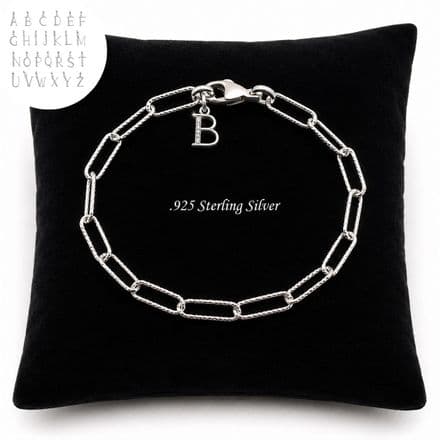 Diamond Cut Silver Paperclip Chain Bracelet with Letter Charm. Various Sizes available