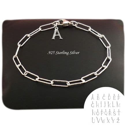Diamond Cut Silver Paperclip Chain Bracelet with Letter Charm. Various Sizes available