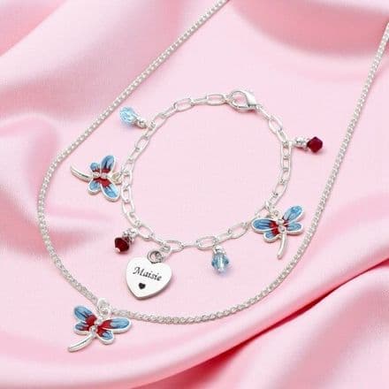 Dragonfly Jewellery Set with Engraved Heart Charm