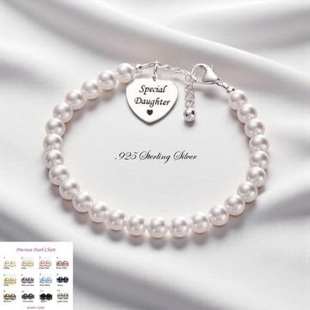 Elegant Pearl & Stg Silver Bracelet Engraved for Special Daughter