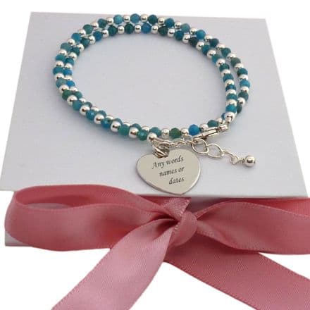 Engraved 925 Silver Bracelet with Turquoise Gemstones, Personalised