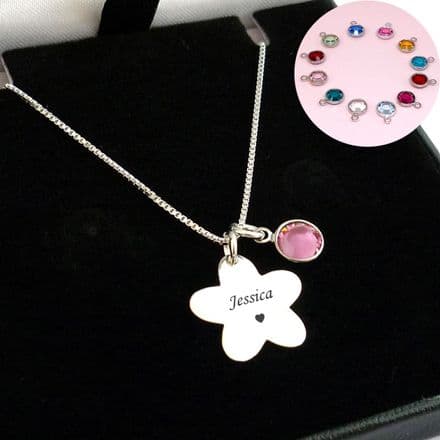 Engraved 925 Stg Silver Flower Necklace with Birthstone