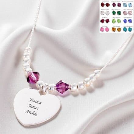 Engraved Birthstone Necklace with Silver Beads