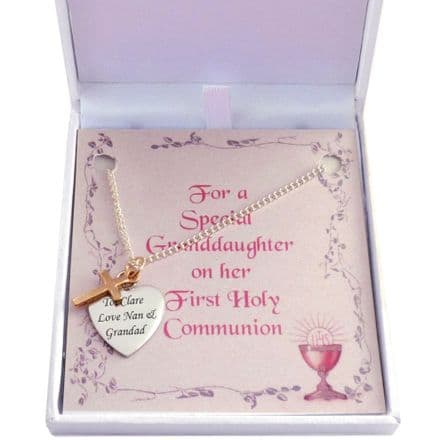 Engraved Communion Necklace with Rose Gold Cross