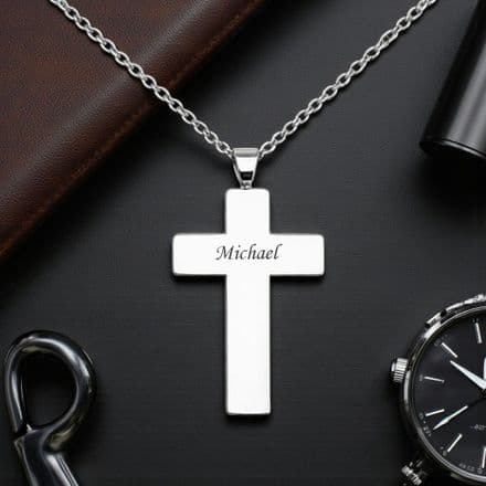 Engraved Cross Necklace, Steel