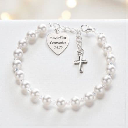 Engraved First Holy Communion Bracelet with Tibetan Cross