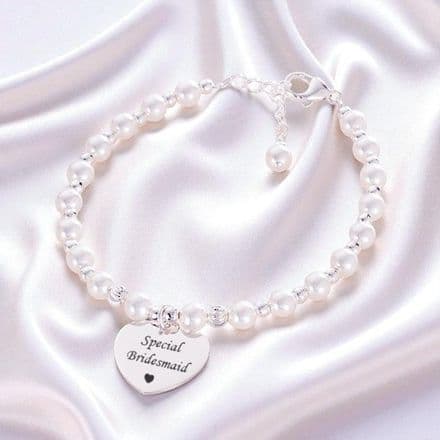 Engraved Heart Bracelet for Bridesmaid with Silver & Pearls