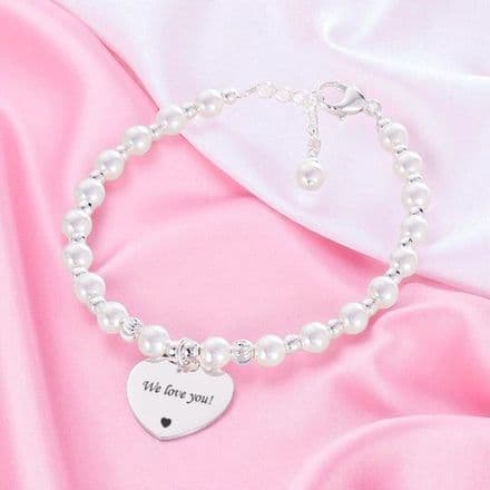 Engraved Heart Bracelet with Silver Beads & Pearls
