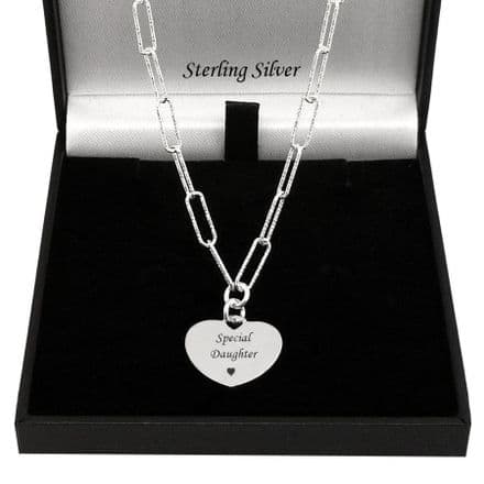 Engraved Heart Necklace, Sterling Silver Paper Clip Chain