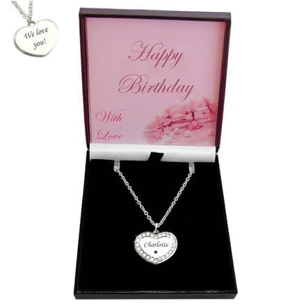 Engraved Heart Necklace with Crystals and Any Name