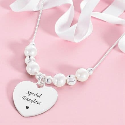 Engraved Heart Necklace with Silver & Pearls